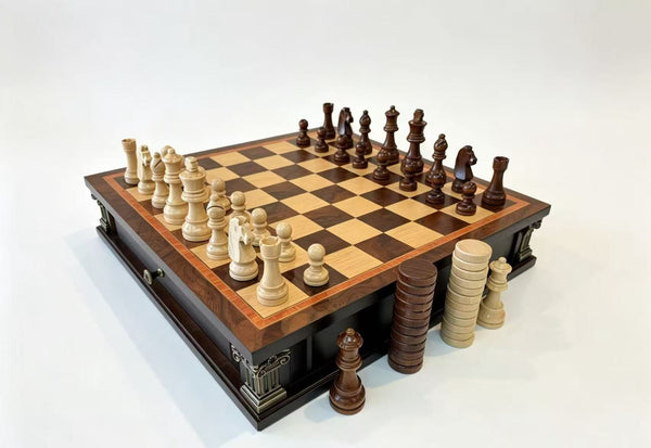 Corinthian 2-in-1 Wooden Chess & Checkers Set with Drawer Design and Extra Queen