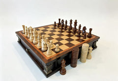 Corinthian 2-in-1 Wooden Chess & Checkers Set with Drawer Design and Extra Queen
