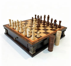 Corinthian 2-in-1 Wooden Chess & Checkers Set with Drawer Design and Extra Queen