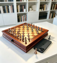 32cm Pure Metal Chess Piece & Drawer Design Timber  Wooden Board