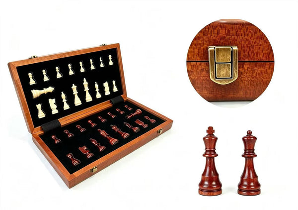 Premium 39cm Magnetic Large Chess Set Wooden Timber Oak Folding Board Sapele