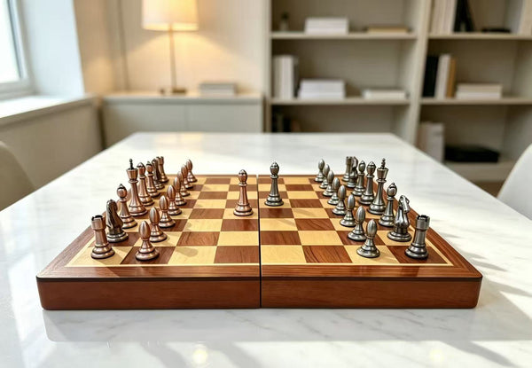 30cm Pure Metal Chess Piece & Timber Wooden Folding Board