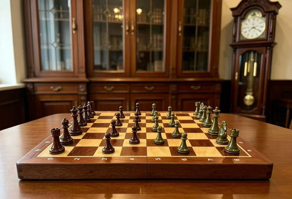 39*39*3.5cm Upscale Metal Chess Set Large Folding Board Zinc Alloy Tinted&Purple Bronze