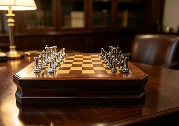 35.5cm Chess Set Wooden Timber Board Drawer Design Metal Pieces