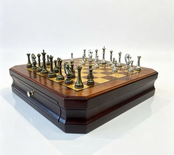 35.5cm Chess Set Wooden Timber Board Drawer Design Metal Pieces