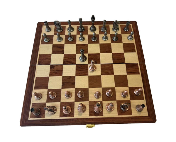 30cm Pure Metal Chess Piece & Timber Wooden Folding Board
