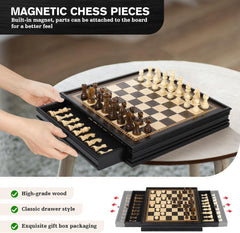 Ebony 32.5*32.5*5cm Magnetic Chess Set Wooden Timber Drawer Design