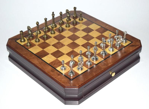 35.5cm Chess Set Wooden Timber Board Drawer Design Metal Pieces - auloves
