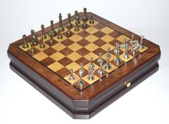 35.5cm Chess Set Wooden Timber Board Drawer Design Metal Pieces - auloves