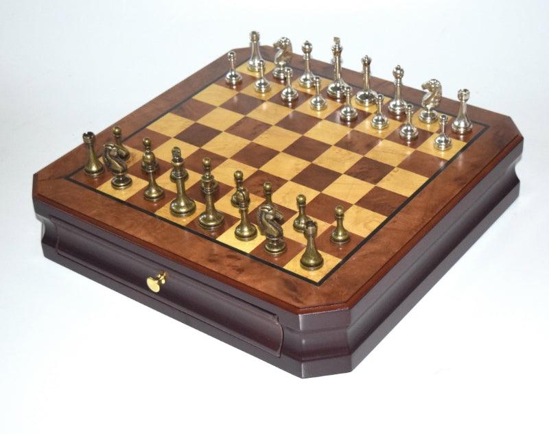 35.5cm Chess Set Wooden Timber Board Drawer Design Metal Pieces – auloves