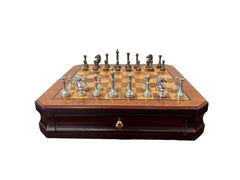 35.5cm Chess Set Wooden Timber Board Drawer Design Metal Pieces - auloves