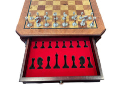35.5cm Chess Set Wooden Timber Board Drawer Design Metal Pieces - auloves