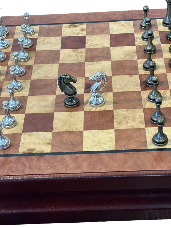 35.5cm Chess Set Wooden Timber Board Drawer Design Metal Pieces - auloves
