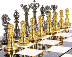 38cm Retro Metal Chess & Checkers 2 in 1 Set Marbling Board & Metal Pieces - auloves