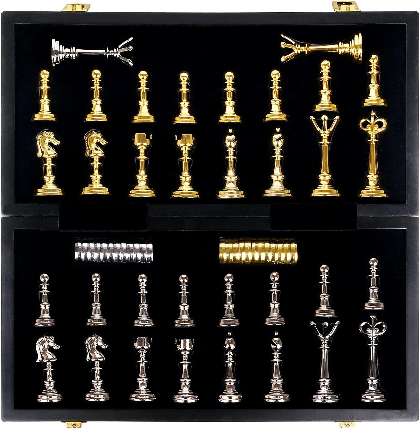 38cm Retro Metal Chess & Checkers 2 in 1 Set Marbling Board & Metal Pi ...
