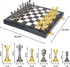 38cm Retro Metal Chess & Checkers 2 in 1 Set Marbling Board & Metal Pieces - auloves
