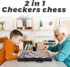 38cm Retro Metal Chess & Checkers 2 in 1 Set Marbling Board & Metal Pieces - auloves