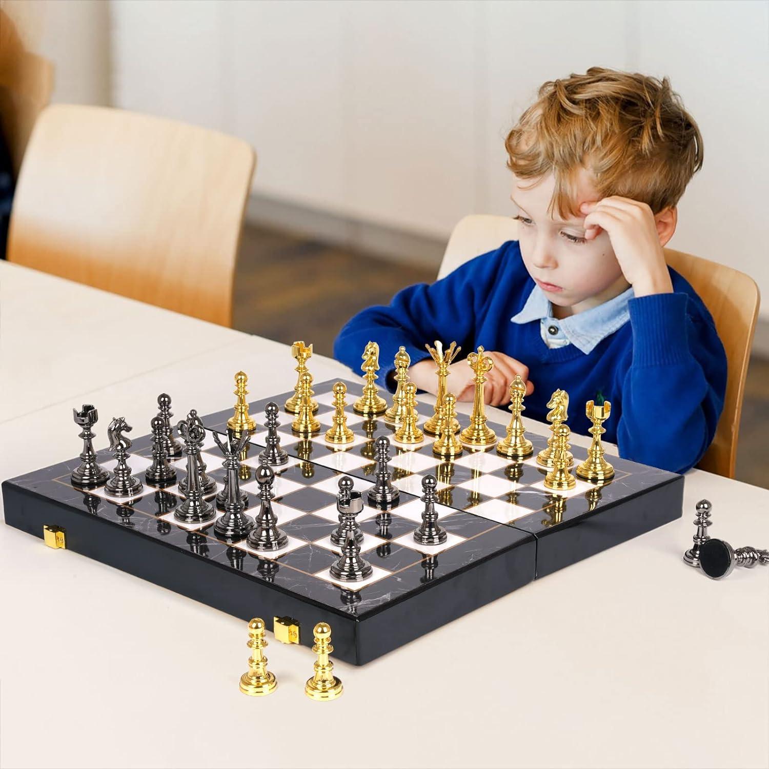 38cm Retro Metal Chess & Checkers 2 in 1 Set Marbling Board & Metal Pi ...