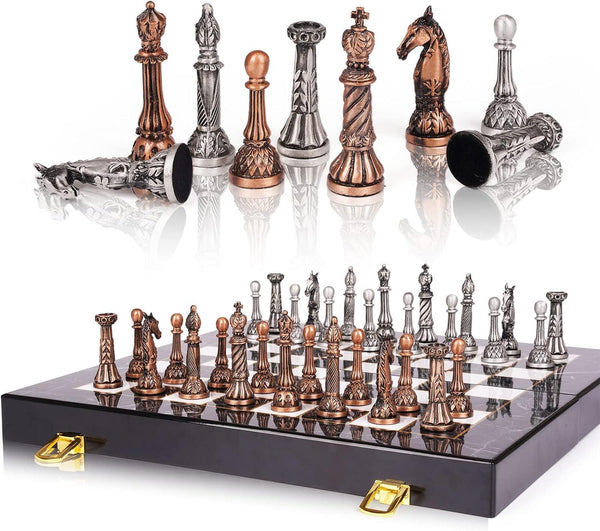 38cm Retro Metal Chess Set Marbling Chess Board & Metal Pieces - auloves