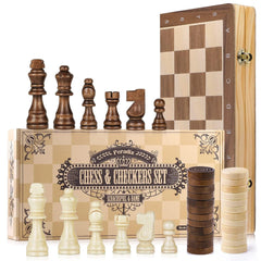 40*40cm Magnetic Chess & Checkers Set Pine Wooden Timber Folding Board - auloves