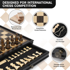 Ebony 32.5*32.5*5cm Magnetic Chess Set Wooden Timber Drawer Design