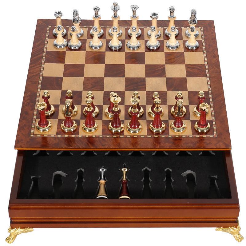 Chest Set Table Deluxe Birch 38cm Chess Set Table Wooden Timber with Wooden & Metal Pi ...