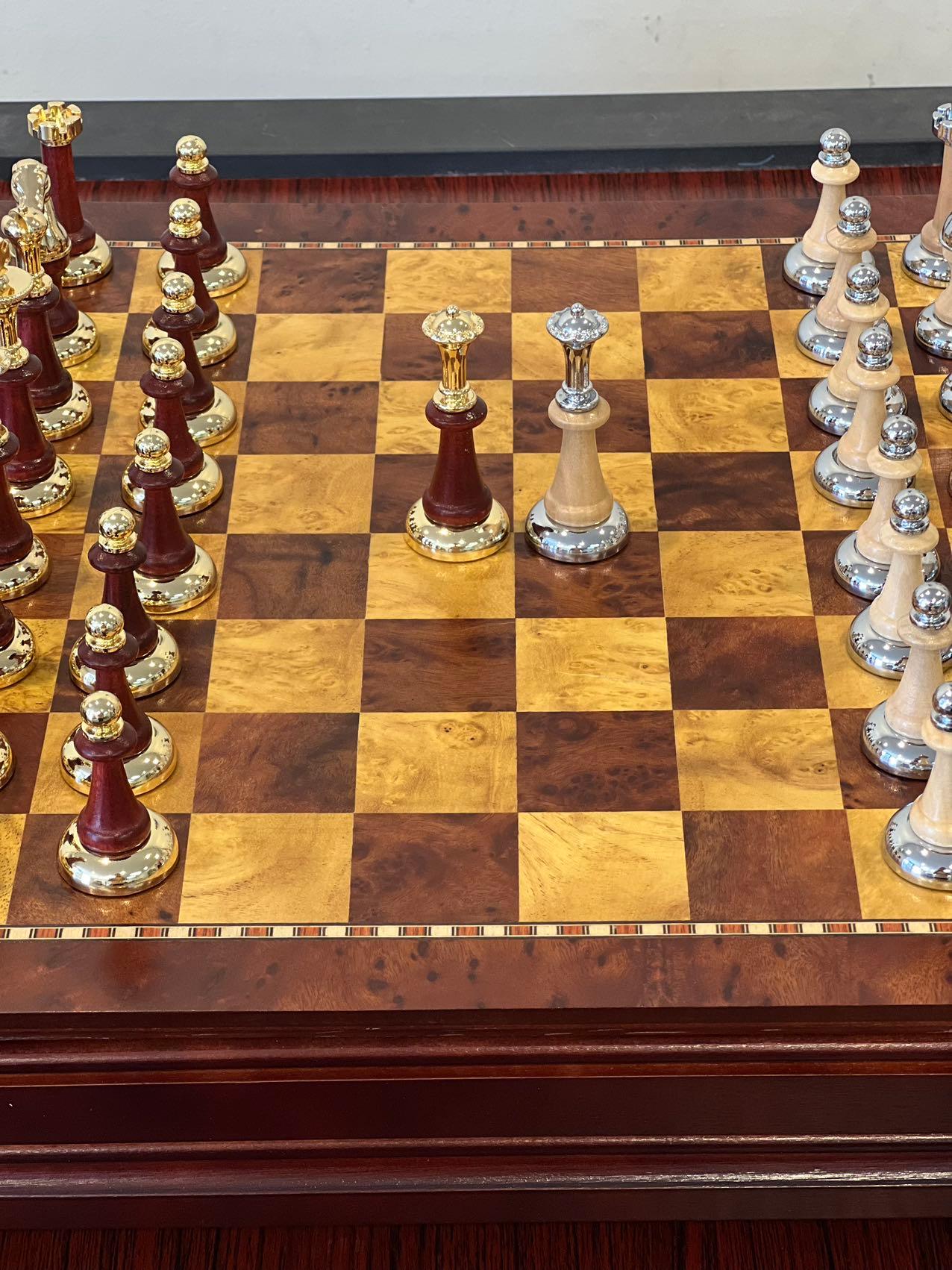 Chest Set Table Deluxe Birch 38cm Chess Set Table Wooden Timber with Wooden & Metal Pi ...
