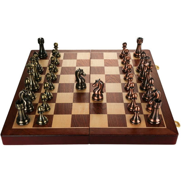 39*39*3.5cm Upscale Metal Chess Set Large Folding Board Zinc Alloy Tinted&Purple Bronze - auloves