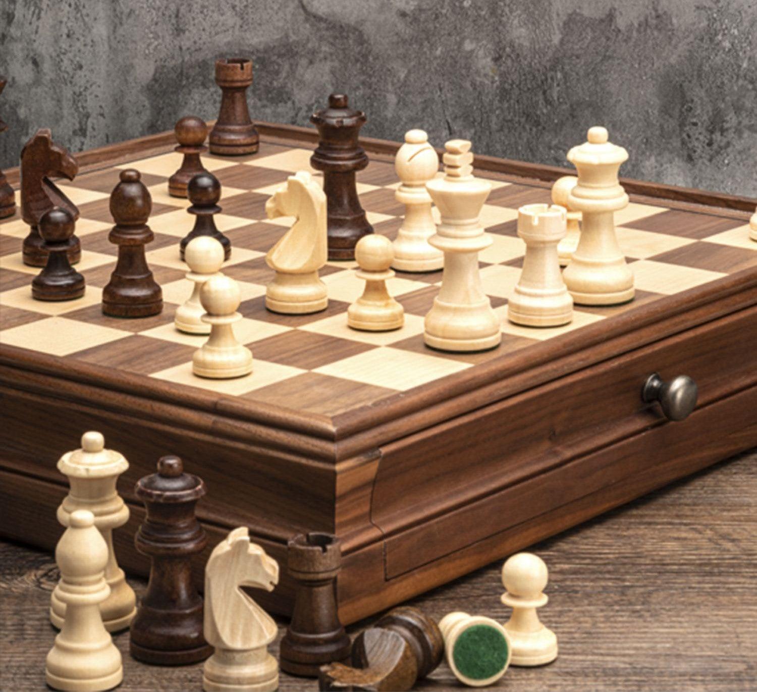 Deluxe Walnut 38*38*7.6cm Chess & Checker Set Wooden Timber Drawer Des ...