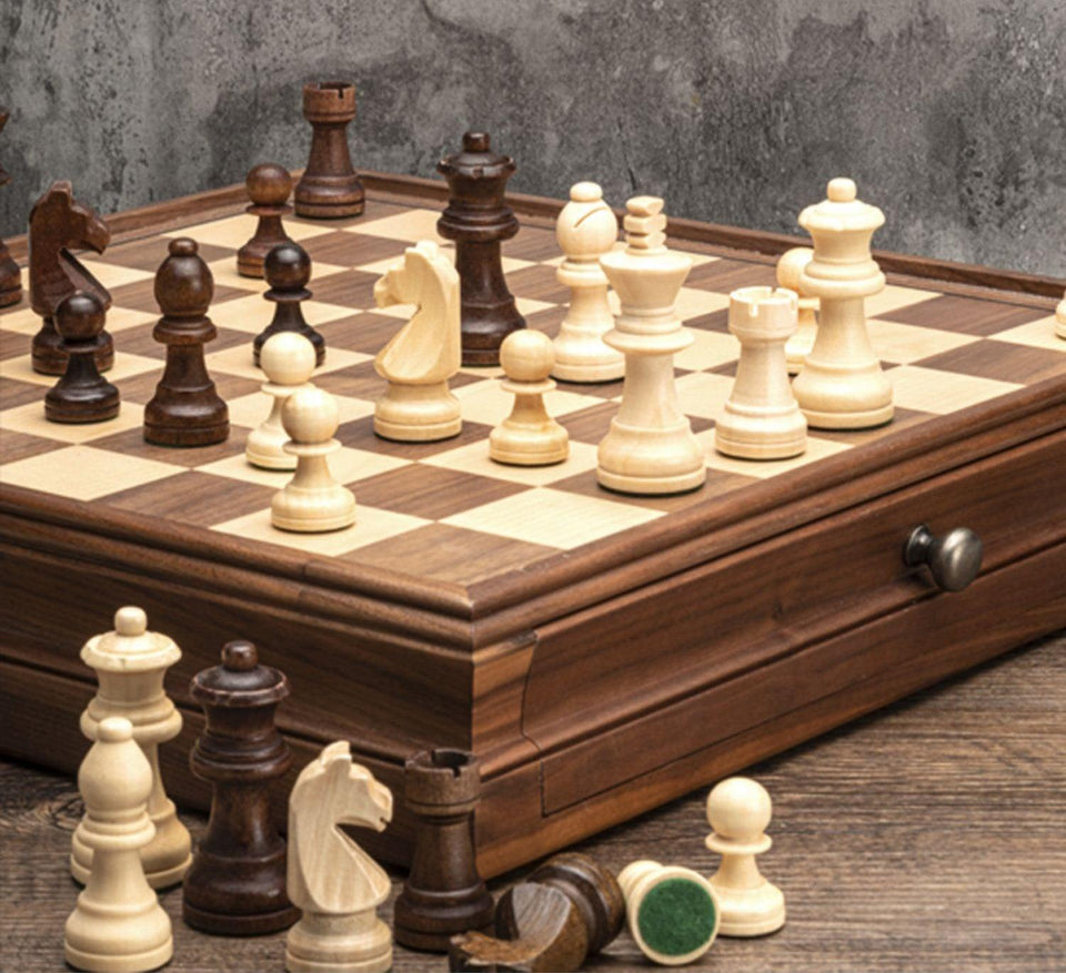 Deluxe Walnut 38*38*7.6cm Chess & Checker Set Wooden Timber Drawer Design - auloves